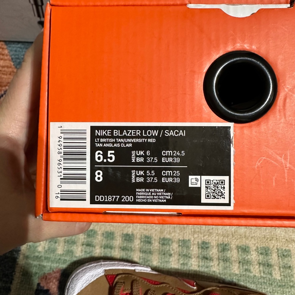 Nike Blazer Low/Sacai LT British Tan/University Red Men's‎ 6.5 Women's 8 - Picture 8 of 8